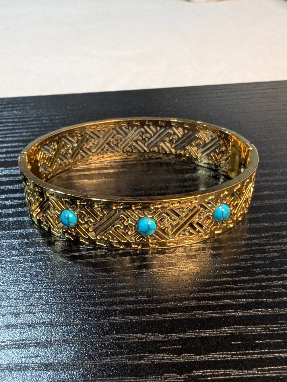 Gold-Tone Filigree Bangle Bracelet with Turquoise Stones